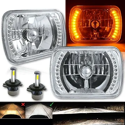 7X6 Amber Halo Crystal Clear H4 LED 4000Lm Bulb Headlights Angel Eye Light Pair • $109.95