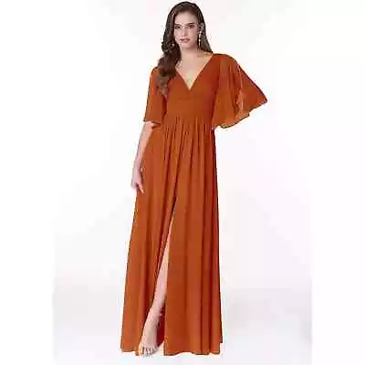 Azazie Temeka A-Line Ruched Chiffon Floor-Length Dress Paprika Sz 14/16 Pls Read • £40.51