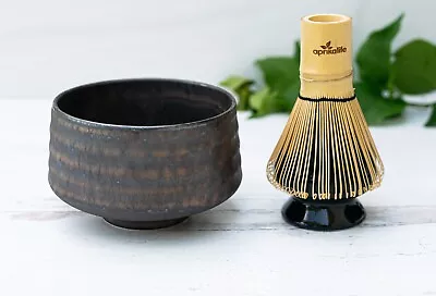 Dark Matcha Set: Matcha Bowl Bamboo Matcha Whisk Ceramic Whisk Holder • $51.99