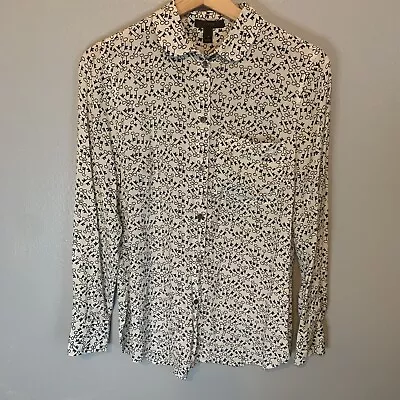 J.CREW Shirt Women SIZE 4 BLACK WHITE Key Alll PRINT 100% SILK BUTTON FRONt TOp • $33.96