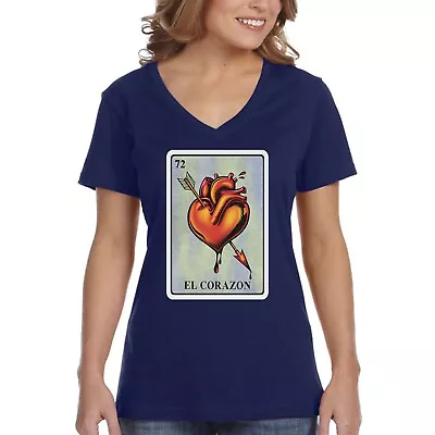 XtraFly Apparel Women's El Corazon Loteria Heart Mexican Muertos V-neck T-shirt • $16.49