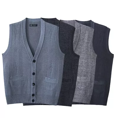 Mens V Neck Sleeveless Cardigan Knitted Vest  Jumper Button Up Sweater Tank Tops • £9.77