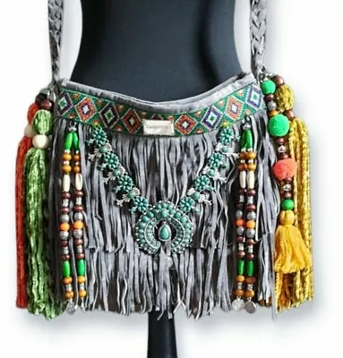 £120 • Buy Grey  Bohemian Fringe Bag, Green Boho Bag, Hippie Bag 