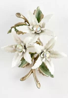 Vintage Edelweiss Floral Brooch Pin Hand Painted Flower Etched Metal Rhinestone • $35