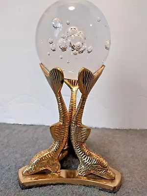 Vintage Solid Brass 3 Dolphin Porpoise Stand Pedestal With Glass/ Crystal Ball • $24.99