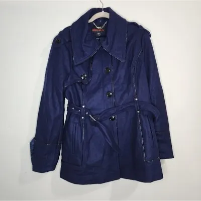 Miss Sixty Navy Wool Blend Women XL Fall Winter Nautical Button Up Peacoat • $20.99