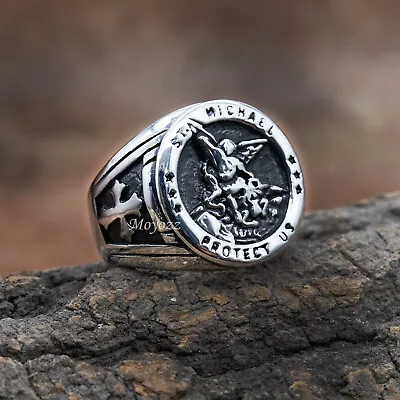 Mens Stainless Steel Catholic Signet St Saint Michael Ring Size 7-15 Gift • $7.99