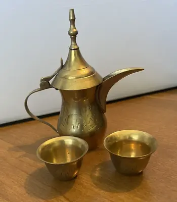 Vintage Middle Eastern Coffee Pot Turkish Arabic Mini Brass Dallah W/2 Cups • $29.98