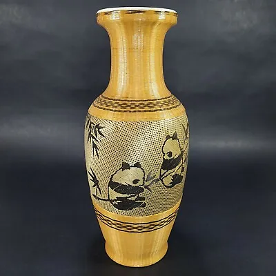 Vintage Chinese Panda Bear Porcelain Vase Wrapped With Woven Bamboo Asian Décor • $19.97