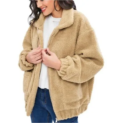 ZAFUL Womens Faux Shearling Zip Up Borg Teddy Jacket OVERSIZED Size 4. • £26.99