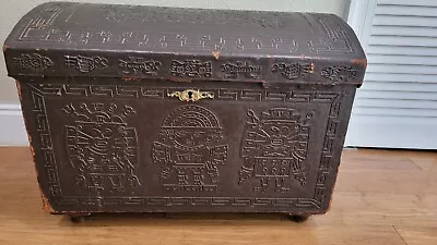 Vintage Peruvian Hand Tooled Leather Wood Barrel Top Trunk Chest Handcrafted  • $495