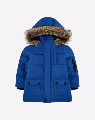 NEW-MOTHERCARE BLUE QUILTED JACKET WITH FUR-LINED HOOD 18-24 Months • £18