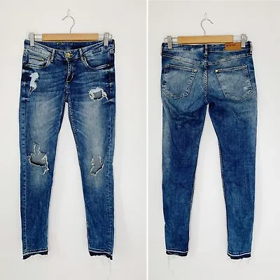 H&M Blue Denim Distressed Busted Knee Low Rise Raw Ankle Hem Skinny Jeans 27 • $9.99