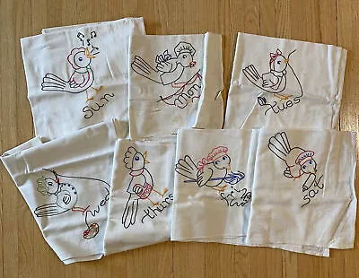 Vtg Embroidered Flour Sack Day Of Week Dish Towel Sassy Birds DOW 7 • $26