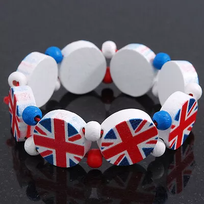 UK British Flag Union Jack Stretch White  Wooden Bracelet - Up To 20cm Length • £7.90