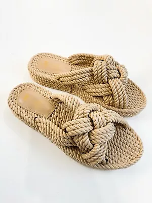 H&M Sandals Womens 40 US 9 Tan Rope Knot Slide Flat Platform Beige • $25.50