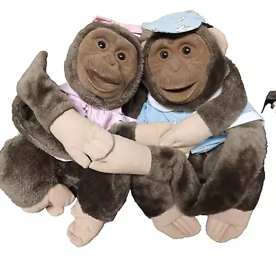 VTG Puppets Brown Monkey Chimp Pair Flocked Face Squeaks Girl Boy • $30