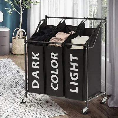 Mondeer Laundry Basket On Wheels Sorter Cart Hamper Rolling Clothes Bin 3 Bag • £22.49