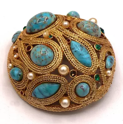 Vintage 60 Style Glass Turquoise Emerald Ruby Large Dome Gold Tone Ornate Brooch • $12.95