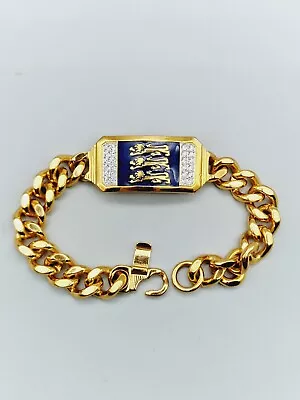 $6.09 • Buy Chunky Statement Gold Tone Blue Enamel England Curb Link Bracelet