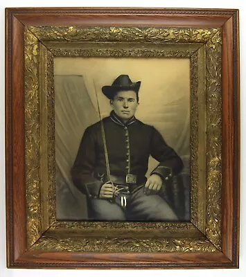 1860 CIVIL WAR SOLDIER LARGE CRAYON PORTRAIT PHOTO OF ARMED UNION SOLDIER 25x30 • $88