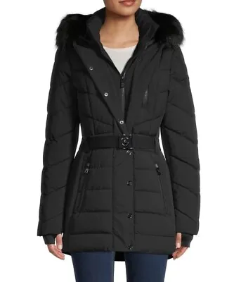 Michael Michael Kors Belted Puffer Faux Fur Trim Hooded Coat Jacket Black M • $139