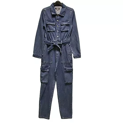 Women's Misguided Blue Tapered Long Sleeve Denim Jumpsuit Uk 4 XXS W22 L29 • £8.99