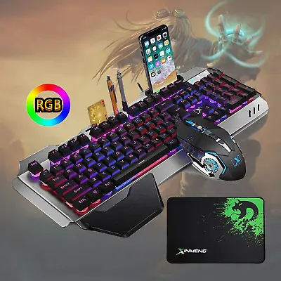 $19.90 • Buy Gaming Keyboard And Mouse Set Cool RGB Backlight Mechanical Feel 104 Keys PC PS4