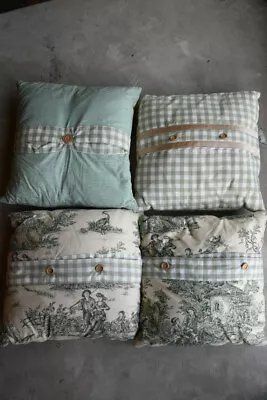 4 Vintage Green Cushions Toile De Jouy Gingham • £35