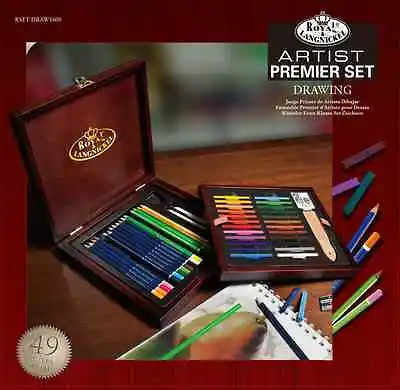 49pc ARTIST PREMIER COLOUR DRAWING PENCILS & STICKS WOODEN CASE BOX SET DRAW1600 • £27.69