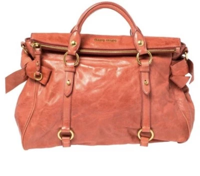 $300 • Buy Authentic Miu Miu Vitello Lux Bow Satchel Salmon Orange Coral Calfskin Hobo Bag