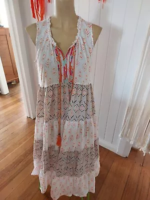 Gorgeous Boho Tiered   Maxi DressSleeveless SZ 10 White And Apricot  Ex Cond • $15