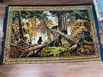 Vintage 70’s Grizzly Bears In  Forest Wall Tapestry  Plush Velour Velvet 49”x81” • $45