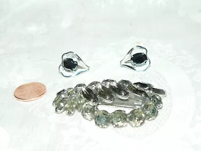 VINTAGE VAN DELL Sterling Silver/Hematite Stone ERs + Lg Grey RHINESTONE Brooch • $12.99