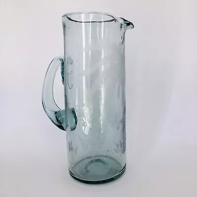 Hand Blown Mexican Glass Pitcher Etched Coconut Palm Trees Artisan Made • $72