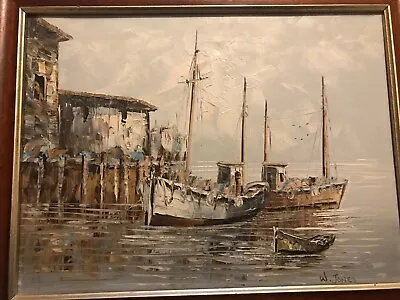 W. Jones Original Oil Canvas Painting Nautical Ocean Harbor Boats 16 X12  Framed • £60