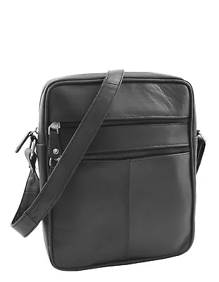 Mens Real Leather Cross Body Pouch Organiser Flight Bag Ashland Black • £31.14