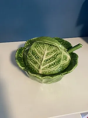 Soup Tureen Italian Majolica Green Cabbage With Ladle P.V. Pottery Nice! • $49.95