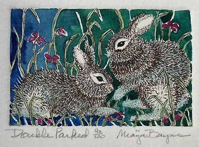 MAIJA BAYNES Watercolor Double Parked Bunnies Rabbits Mini Signed Number 40/100 • $23.99