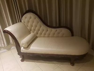 Chaise Lounge With Carved Timber And  Pu Leather With Diamond  Buttoning. • $795