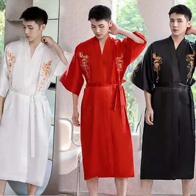 Chinese Traditional Silk Satin Sleep Robe Men Dragon Embroidery Summer Bathrobe • $29.99