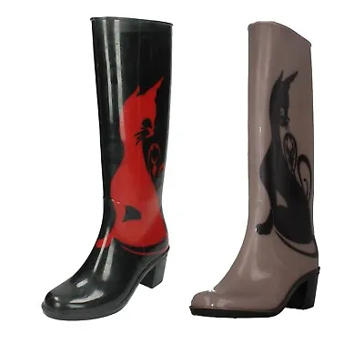 Ladies Spot On Pull On Block Heel Cat Design Wellington Boots X1r130 • $21.53