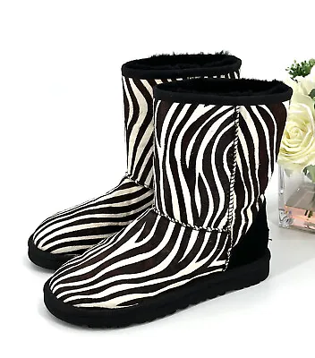 UGG CLASSIC SHORT EXOTIC ZEBRA BOOTS Womens Size 6 Booties Black White NEW *See • $79.96