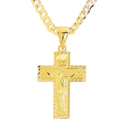 Hip Hop Gold Tone Cross Jesus Pendant 20  Cuban Chain Necklace MPG 046 G • $11.99