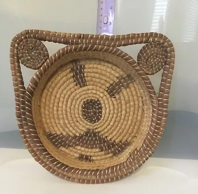 Vtg. Tightly Hand Woven Coiled Basket Unique Pictorial Basket Cat/Dog Design • $25