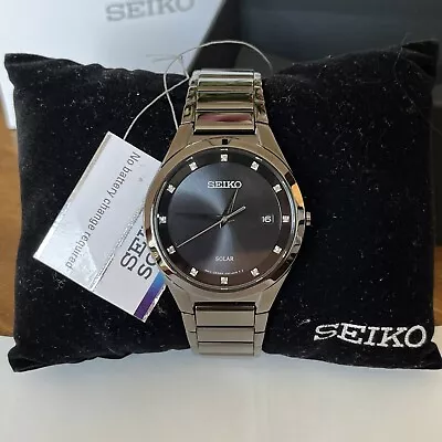 SEIKO Solar Men's Diamond Black IP Stainless Steel Watch - SNE243  MSRP: $395 • $29.99