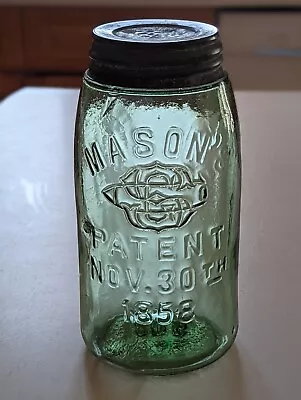 ***BOLD EMBOSSING*** Green SGCo Swayzees Glass Quart 1858 Mason Fruit Jar • $59.99