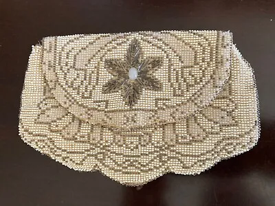 $12.99 • Buy Vintage Beaded Purse With Floral Design, White And Brown Beads