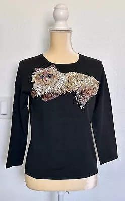 VTG Michael Simon Women’s Sz Small Black Sweater Blouse Hand Beaded Sequined Cat • $150