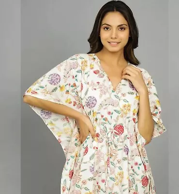 Indian Cotton White Floral Print Kaftan Dress Women's Clothing Kaftan Dress AU • $33.75